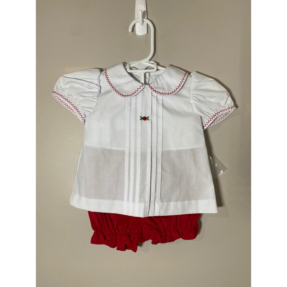 Zuccini Baby Girls White Pleated Top Red Corduroy Bloomers‎ with Bow Set 6M NEW